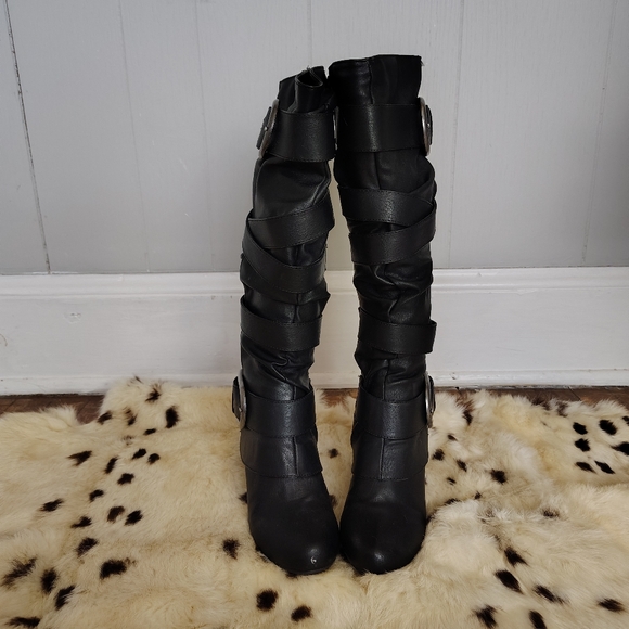 Y2K Faux Leather Wedge Knee Boots Slouch Buckle Straps Unionbay Boot 8 Women's - Picture 3 of 9